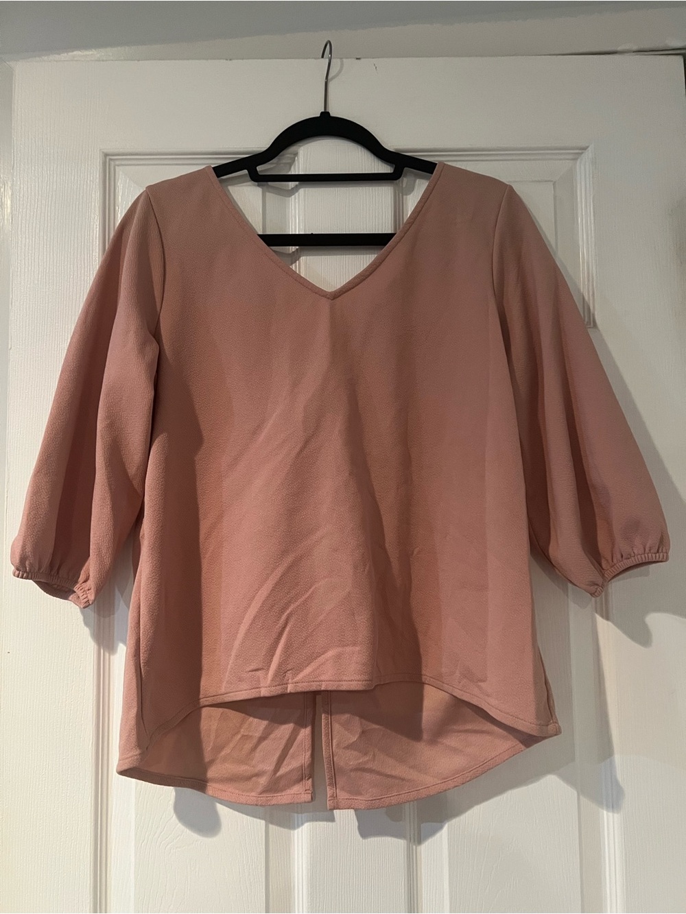 New York & Company Blush Pink V-Neck Puff Sleeve Top